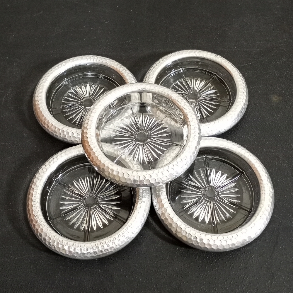 Hammered Aluminum Rim Crystal  Coasters Set of 5